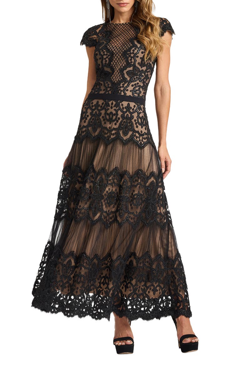 Cap Sleeve Sequin & Lace Midi Dress, Main, color, BLACK/ NUDE