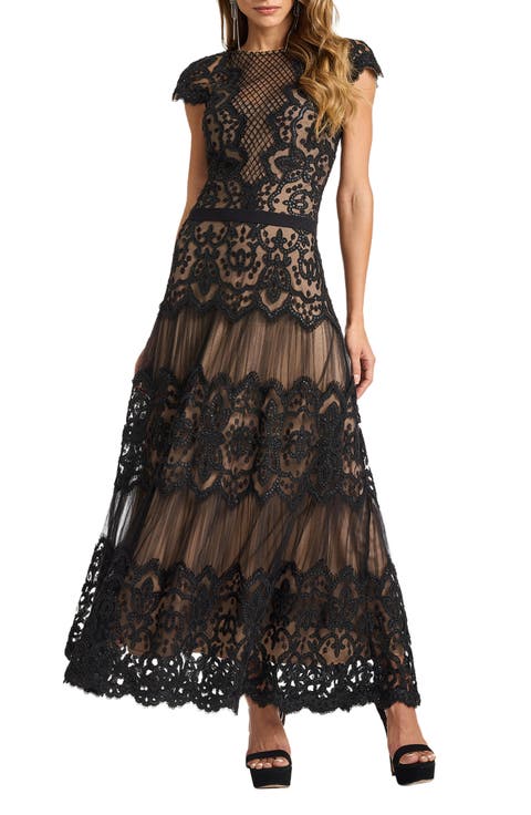 Cap Sleeve Sequin & Lace Midi Dress