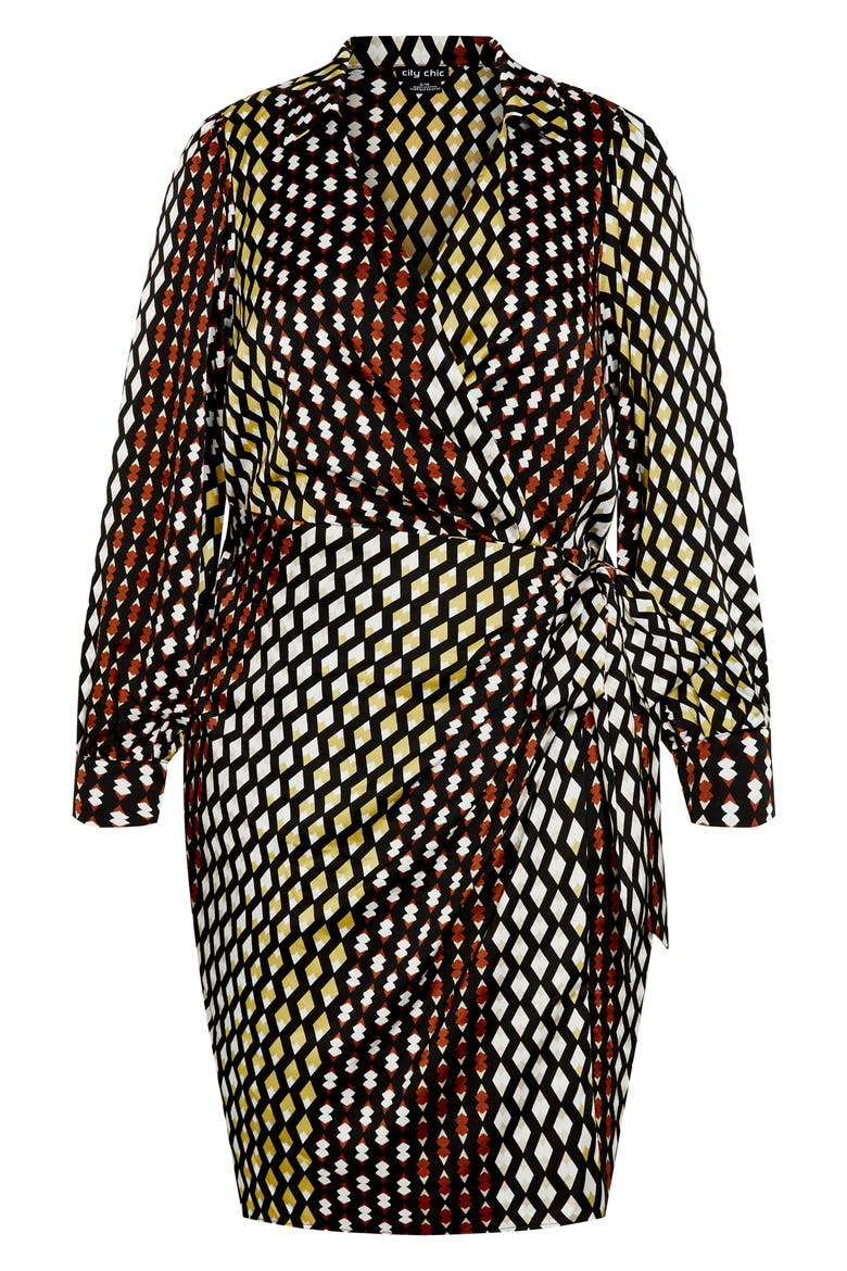 Genevieve Mix Print Long Sleeve Faux Wrap Midi Dress, Alternate, color, RETRO GEO