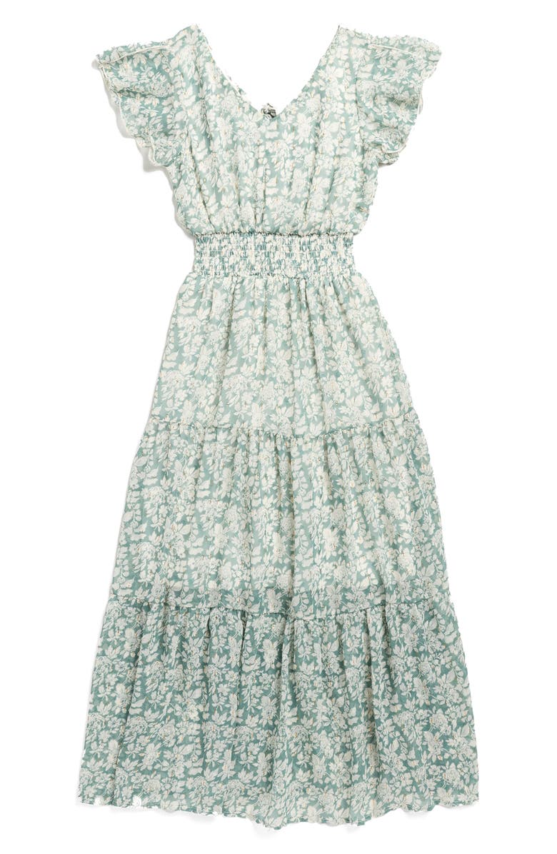 LOVE, NICKIE LEW Tiered Floral Midi Dress, Main, color, Sage