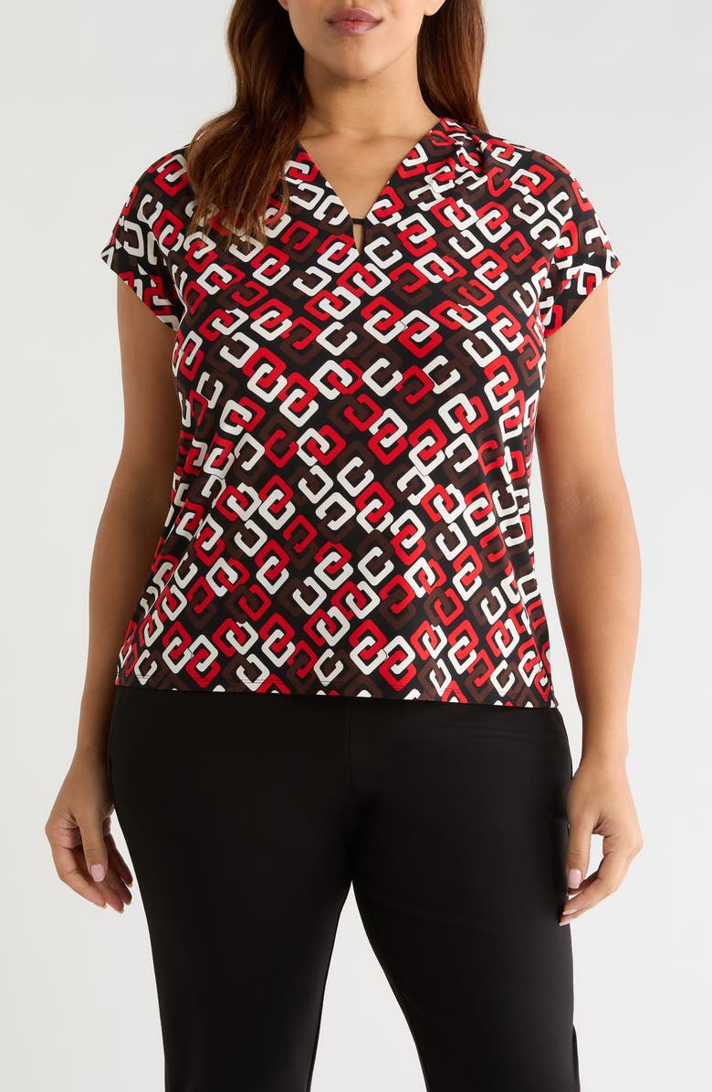 Anne Klein Print V-Neck Top, Main, color, Begonia Red Multi