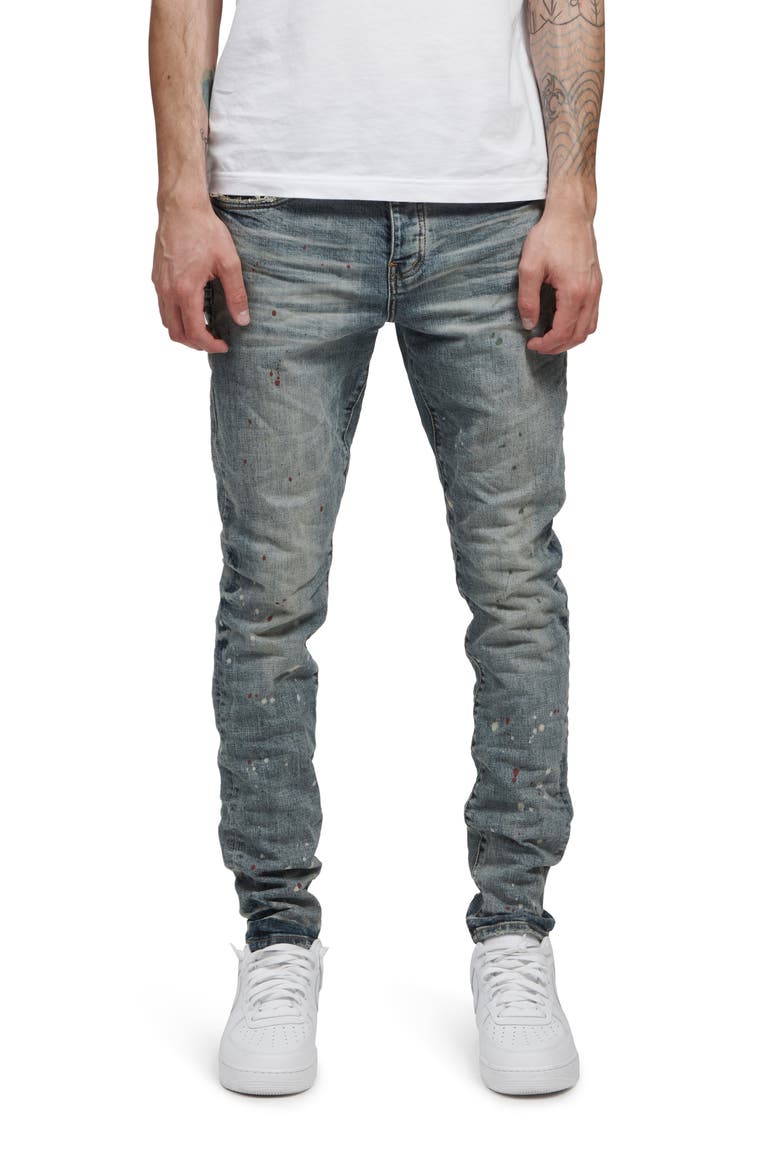PURPLE Paint Splatter Slim Jeans, Main, color, VINTAGE SPOTTED INDIGO