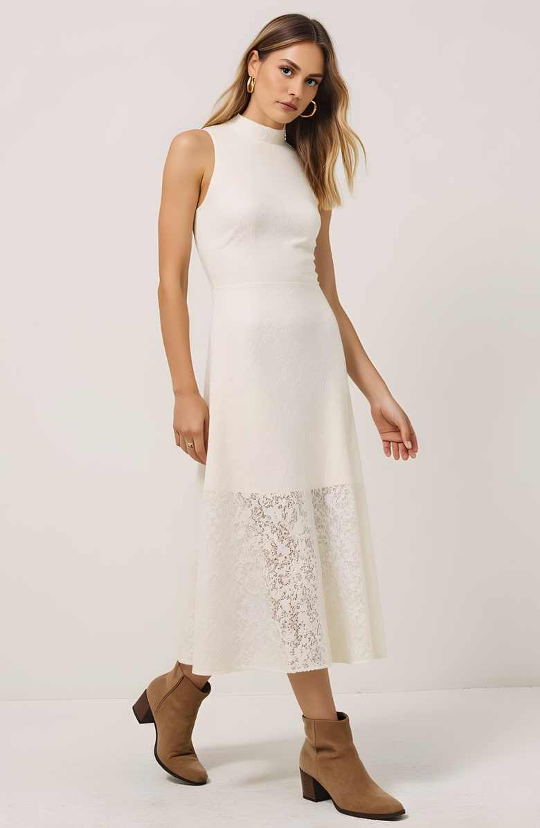 Modenaire Textured Sleeveless Midi Dress with Mock Neck and Lace Hem Inset, Alternate, color, 