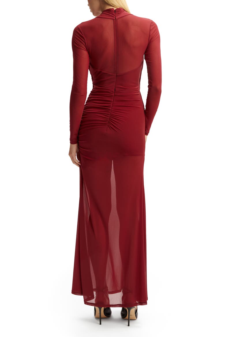 Veria Front Wrap Long Sleeve Mesh Gown, Alternate, color, BURGUNDY