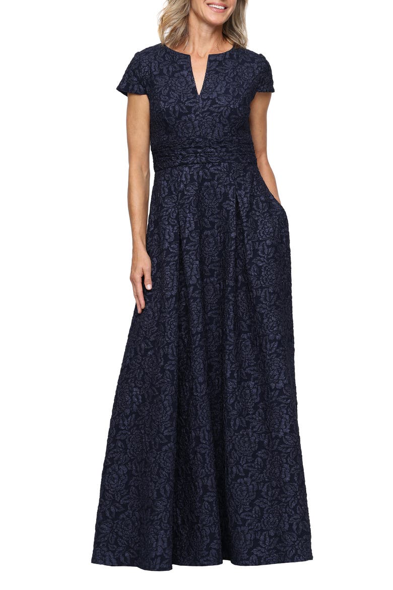 Floral Jacquard Ballgown, Main, color, NAVY