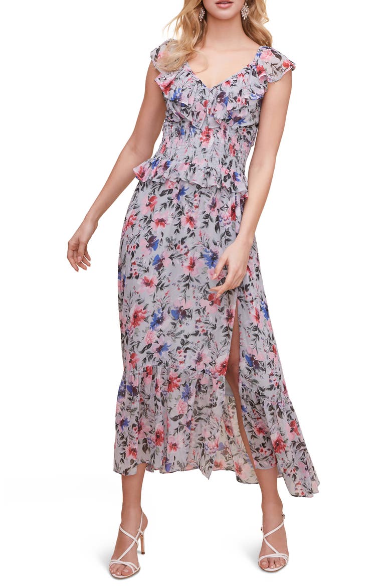 Double Flutter Midi Dress, Main, color, BLUE GREEN MULTI FLORAL