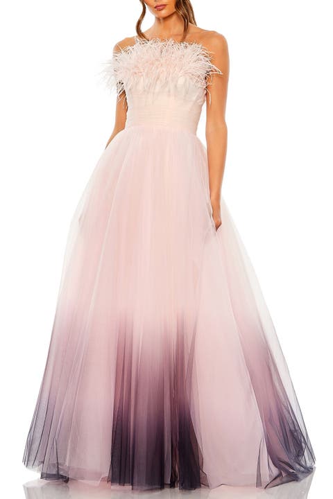 Women's Ombre Strapless Ombre Feather Tulle Gown