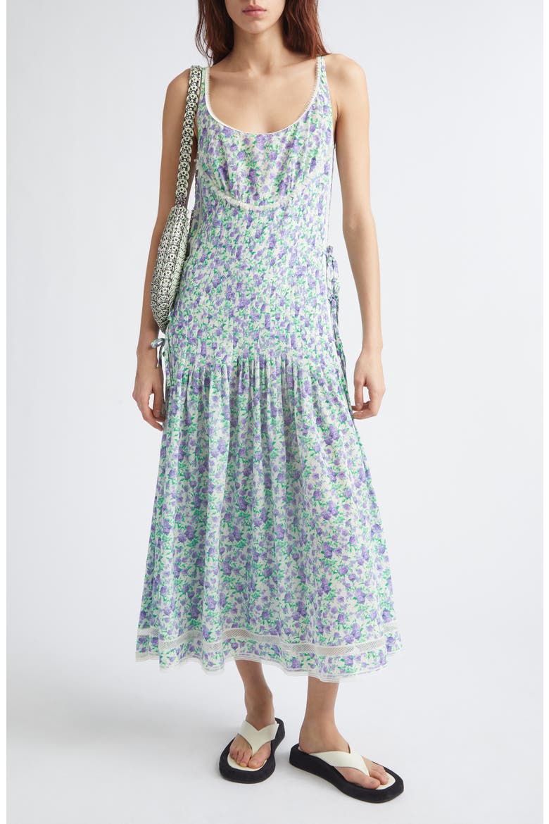 Liberty Floral Print Sleeveless Silk Midi Dress, Main, color, FLEURAL PURPLE / GREEN /