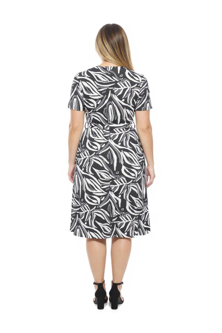 Curvy Essential Abstract V-Neck Short Sleeve A-Line Midi Dress, Alternate, color, Black Multi