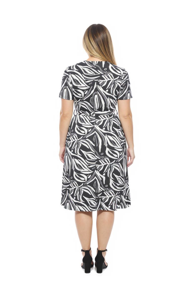 24seven Comfort Apparel Curvy Essential Abstract V-Neck Short Sleeve A-Line Midi Dress, Alternate, color, Black Multi