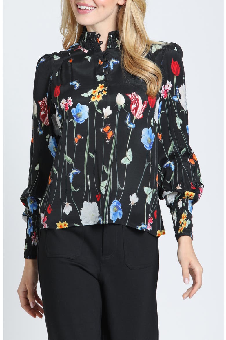 Print Smocked Cuff Long Sleeve Top, Main, color, ONYX/PRIMARY PETALS