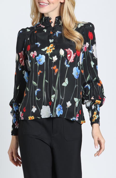 Print Smocked Cuff Long Sleeve Top