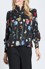 APNY Print Smocked Cuff Long Sleeve Top