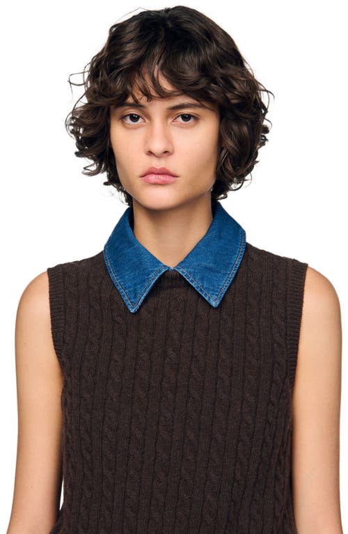 Sandro Womens Brown Denim-collar Ribbed Sleeveless Wool-blend Jumper In Brown