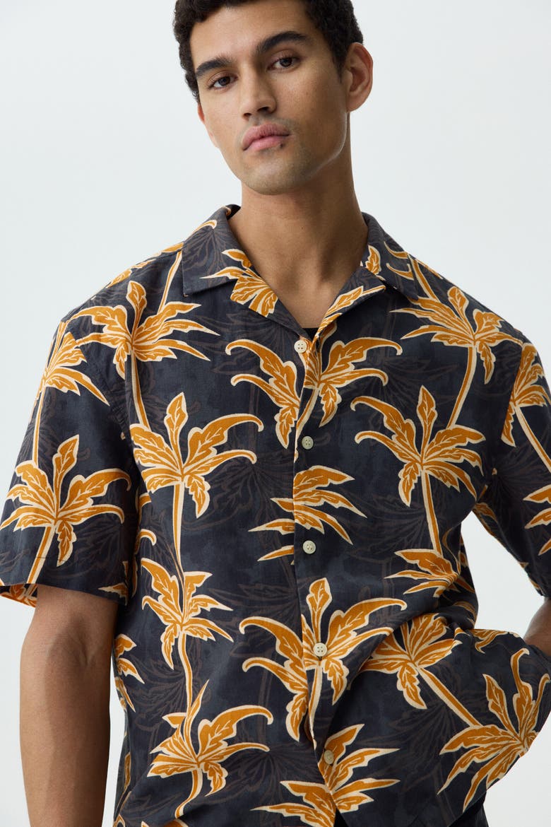 Relaxed Fit Cotton Resort Shirt, Alternate, color, Black/palm trees