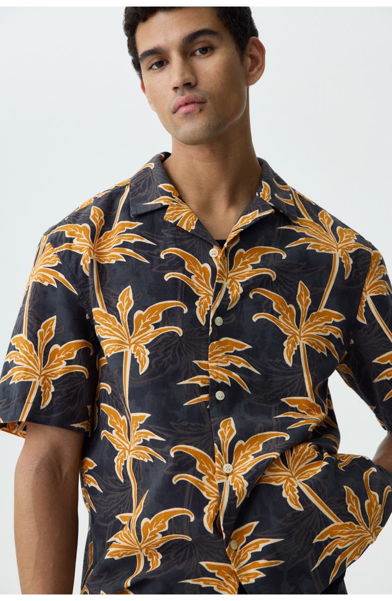 H&M Relaxed Fit Cotton Resort Shirt, Alternate, color, Black/Palm Trees