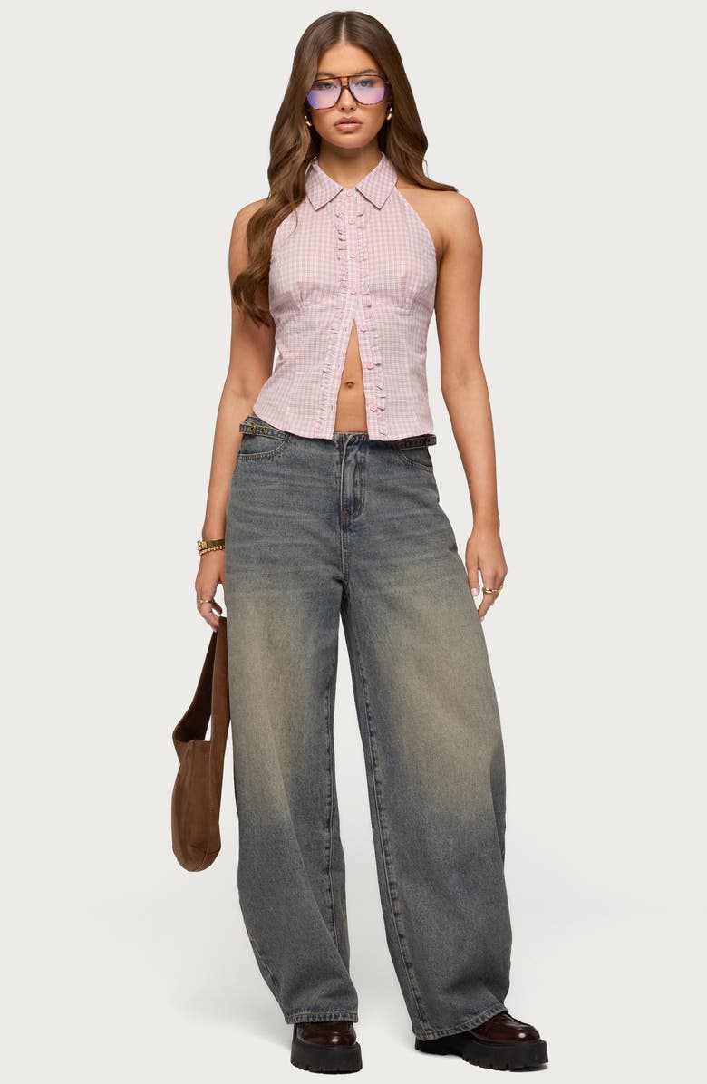 EDIKTED Buckle Tab Low Rise Barrel Leg Jeans, Alternate, color, 