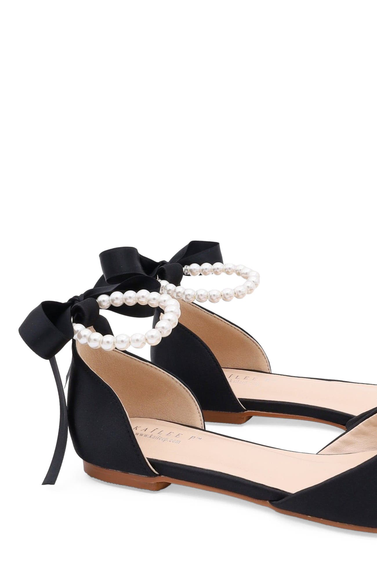 Kailee P Bella Satin Pointy Toe Flats with All Pearls Ankle Strap, Alternate, color, Black