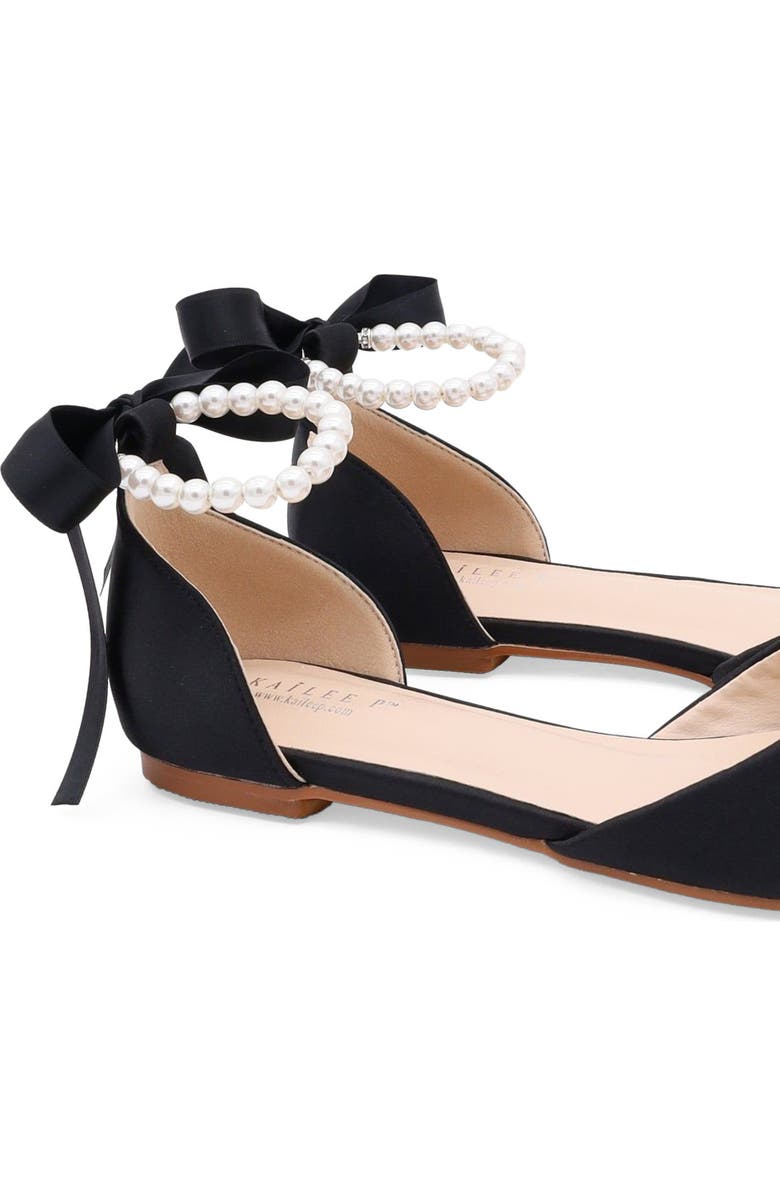 Kailee P Bella Satin Pointy Toe Flats with All Pearls Ankle Strap, Alternate, color, Black