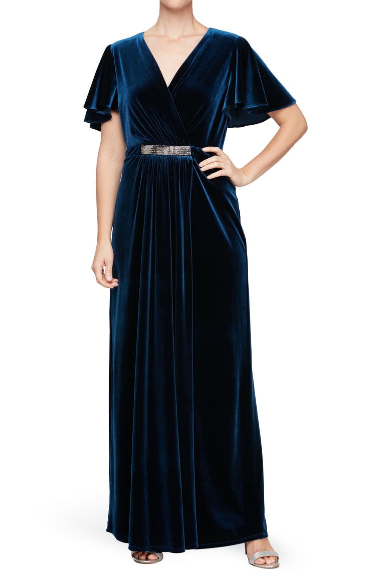Embellished Flutter Sleeve Velvet Gown, Main, color, IMP