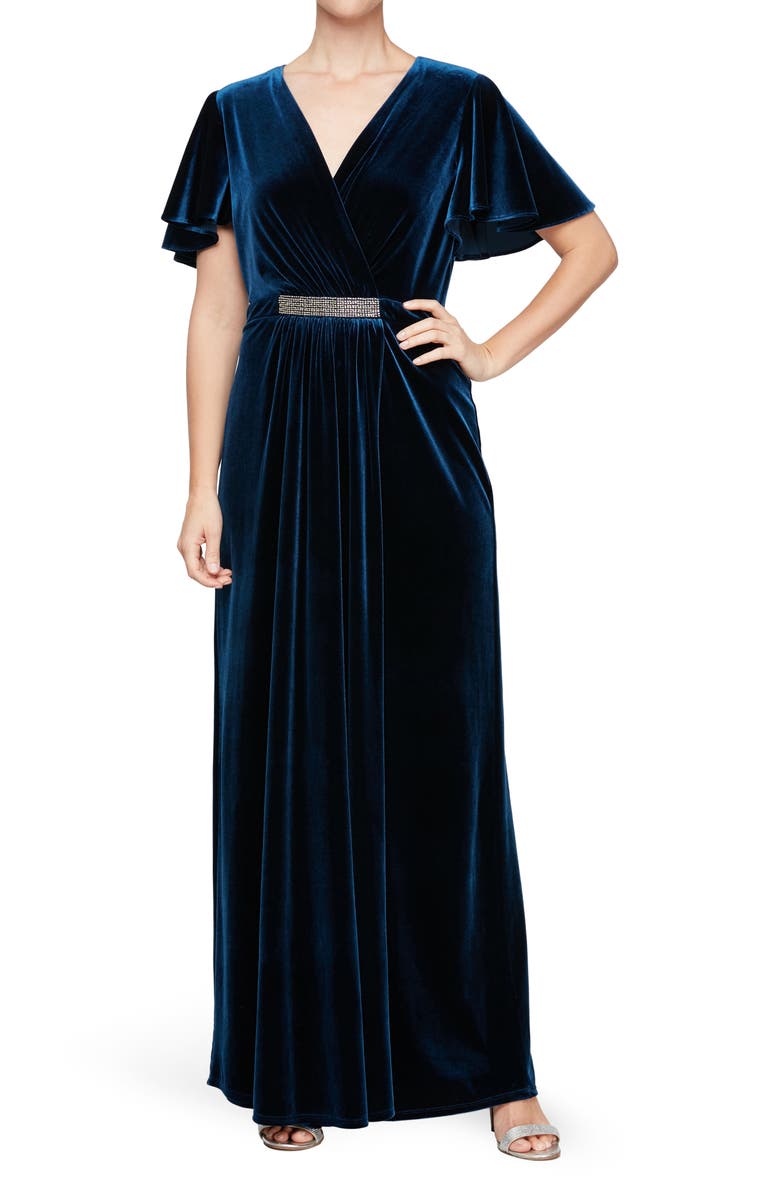 SL FASHIONS Embellished Flutter Sleeve Velvet Gown, Main, color,