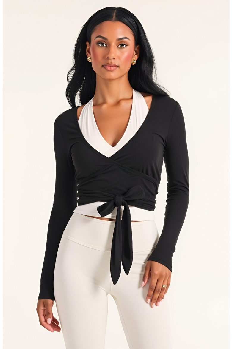 Wrap Front Long Sleeve Crop Top with Tie Waist Detail, Main, color, Black