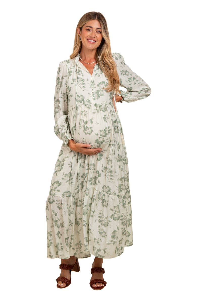PinkBlush Floral Button Front Tiered Long Sleeve Maxi Dress, Alternate, color, Olive Green