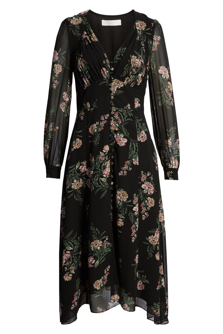 Floral Long Sleeve Midi Dress, Alternate, color, BLACK/ MAUVE MULTI FLORAL