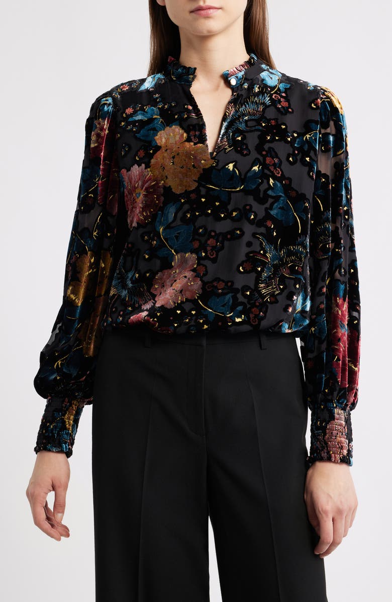 Elie Tahari The Ilana Floral Velvet Burnout Top, Main, color, Black/ Birds Of Paradise