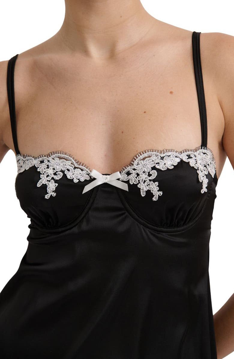 Kat The Label Jean Embroidered Underwire Satin Slip, Alternate, color, Black