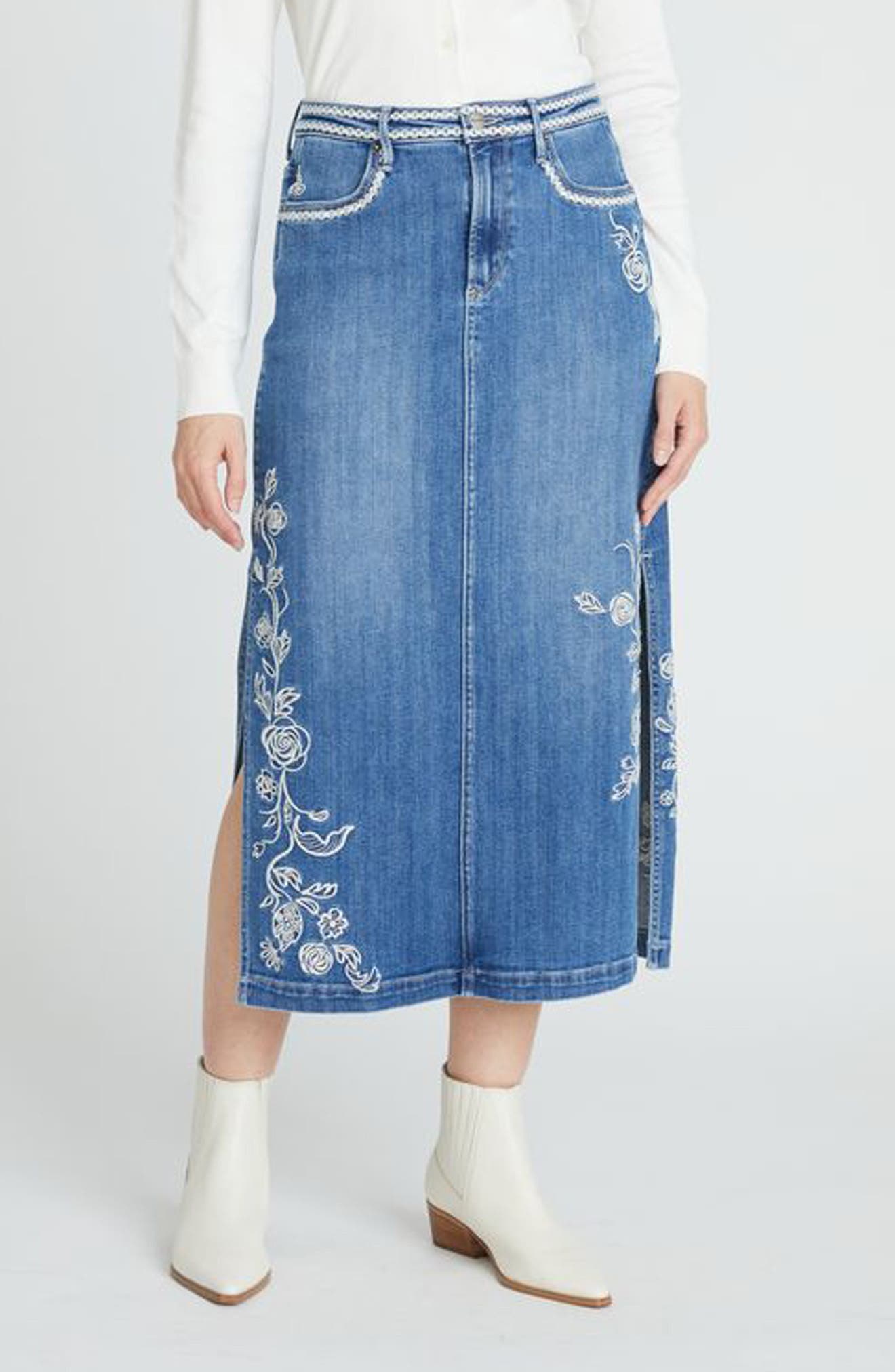 Driftwood Svetlana Ravishing Rosettes Denim Midi Skirt