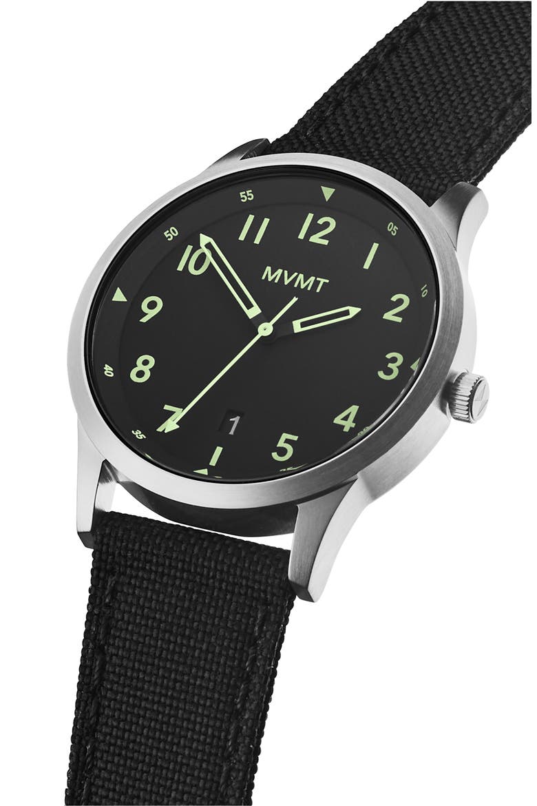 MVMT Field Canvas Strap Watch, 41mm, Alternate, color, BLACK/ SILVER