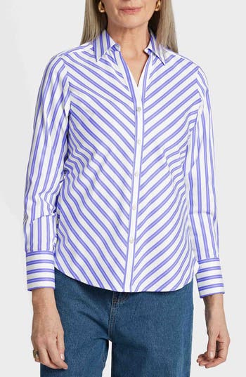 Foxcroft Mary Stripe Cotton Blend Button-up Shirt In Lapis/white