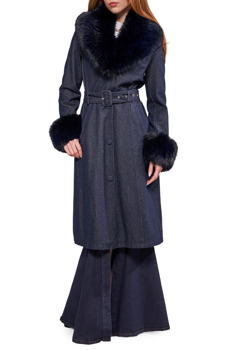 Kaya Faux Leather Trench Coat with Faux Fur Trim, Main, color, DARK DENIM