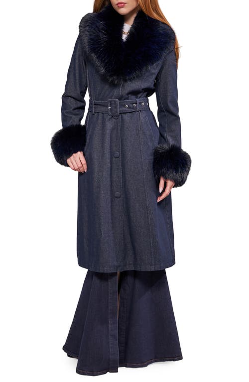 Azalea Wang Kaya Faux Leather Trench Coat With Faux Fur Trim In Dark Denim