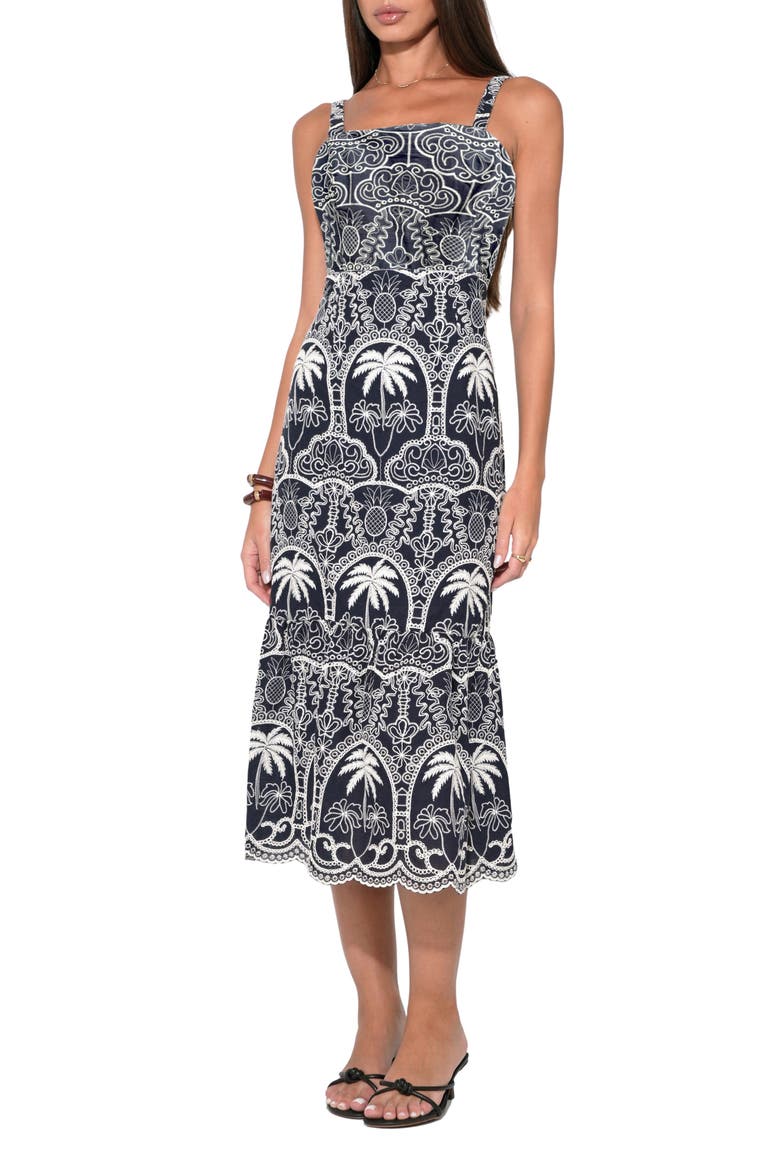 Evangeline Embroidered Scalloped Hem Cotton Midi Dress, Alternate, color, NAVY/ IVORY