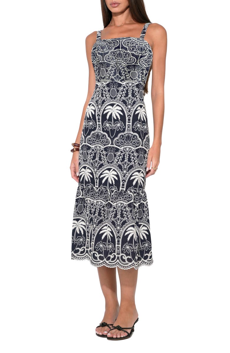 Adelyn Rae Evangeline Embroidered Scalloped Hem Cotton Midi Dress, Alternate, color, Navy/ Ivory