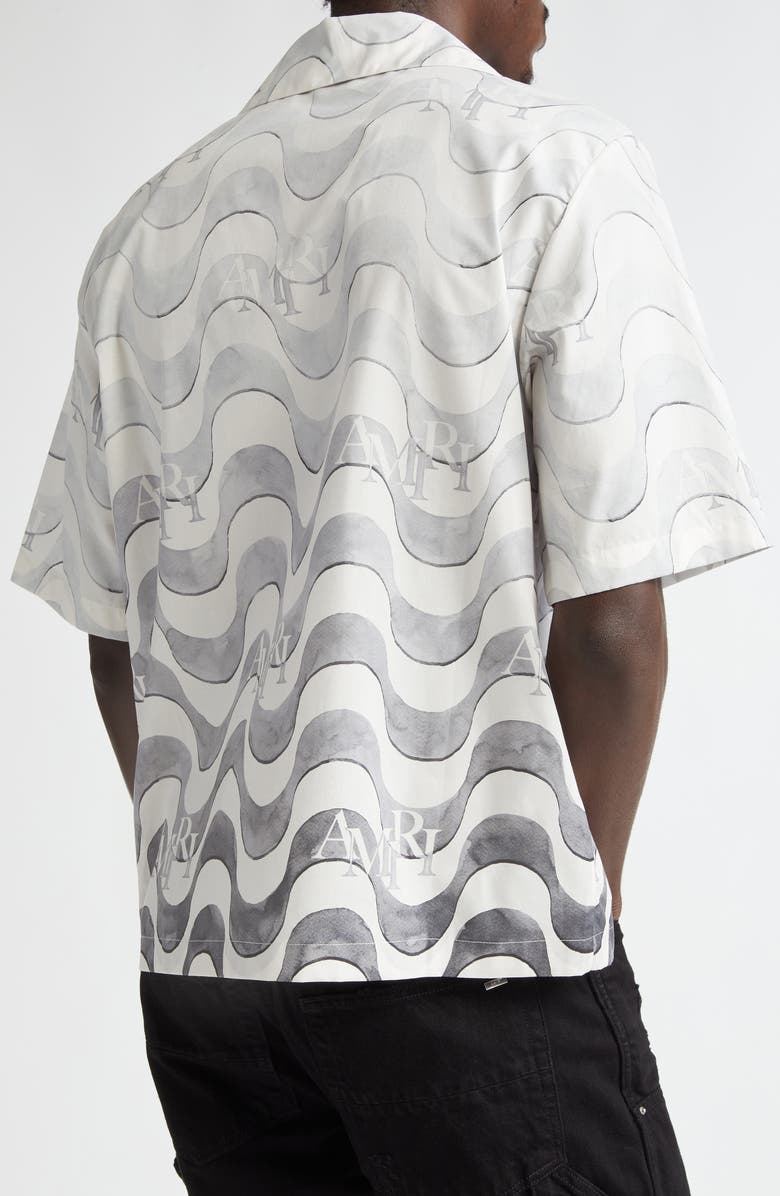 AMIRI Staggered Logo Wave Cotton Camp Shirt, Alternate, color, Grey