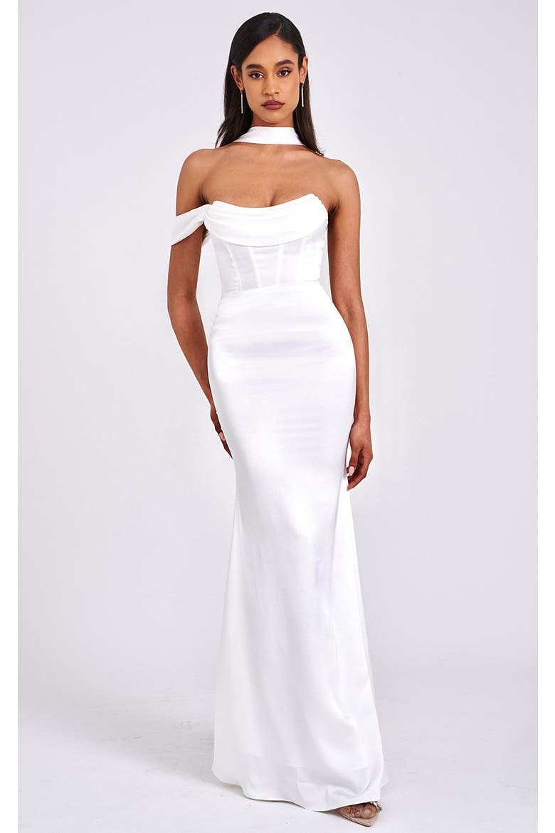 Ivona Halter Neck Satin Maxi Floor-Length Gown, Main, color, White