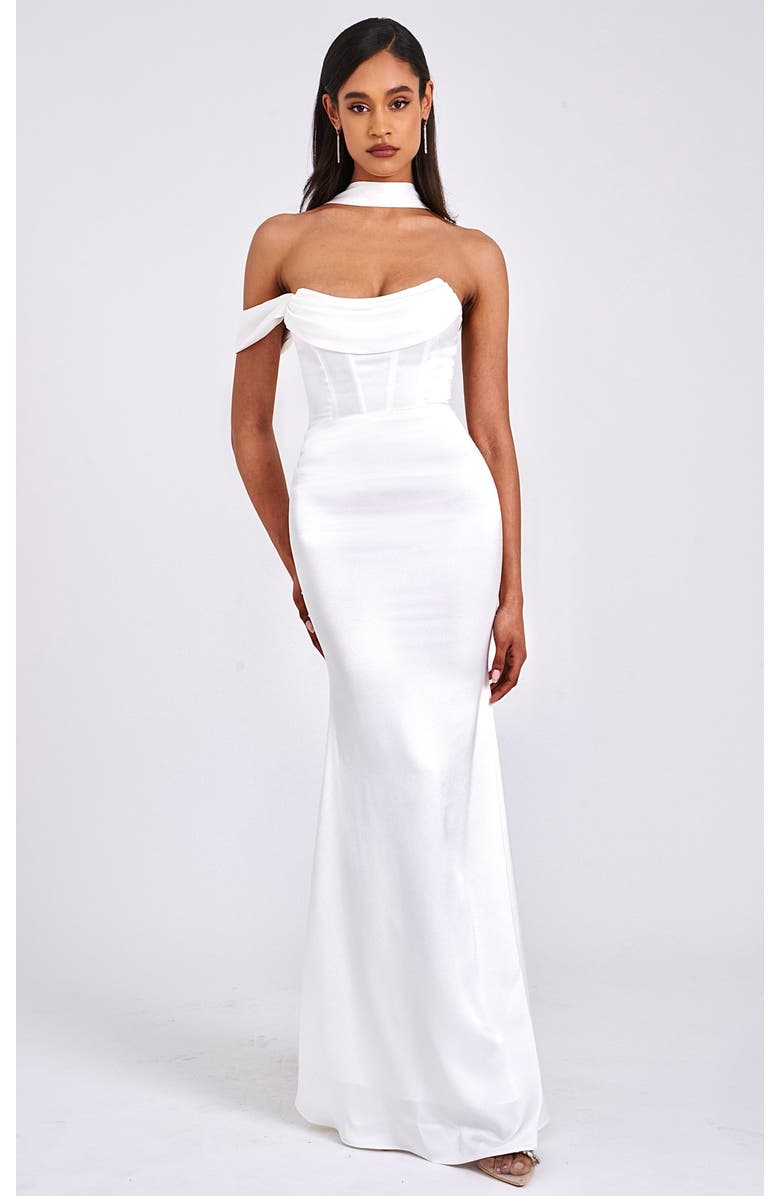 Miss Circle Ivona Halter Neck Satin Maxi Floor-Length Gown, Main, color, White