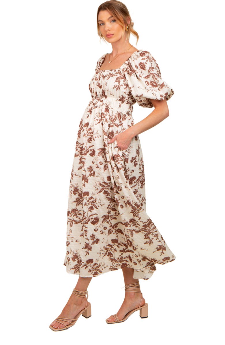 PinkBlush Floral Puff Sleeve Midi Dress, Main, color, Brown