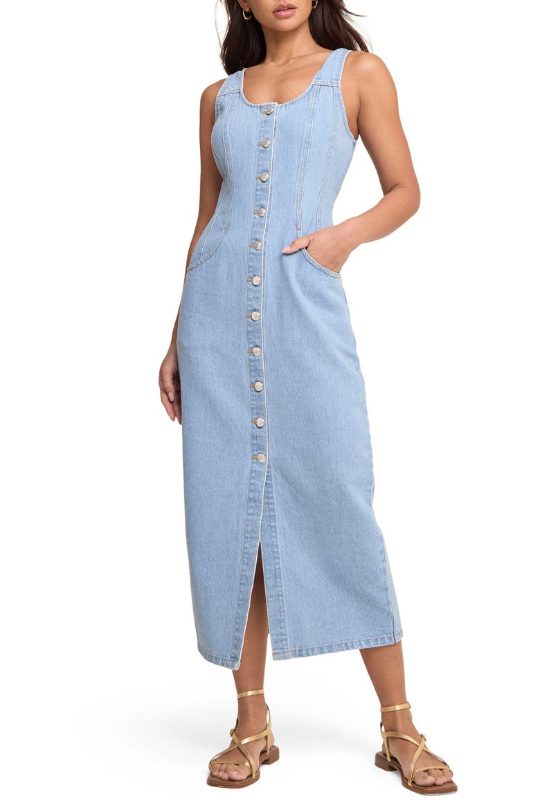 Quays Denim Button-Up Midi Dress, Main, color, BLUE