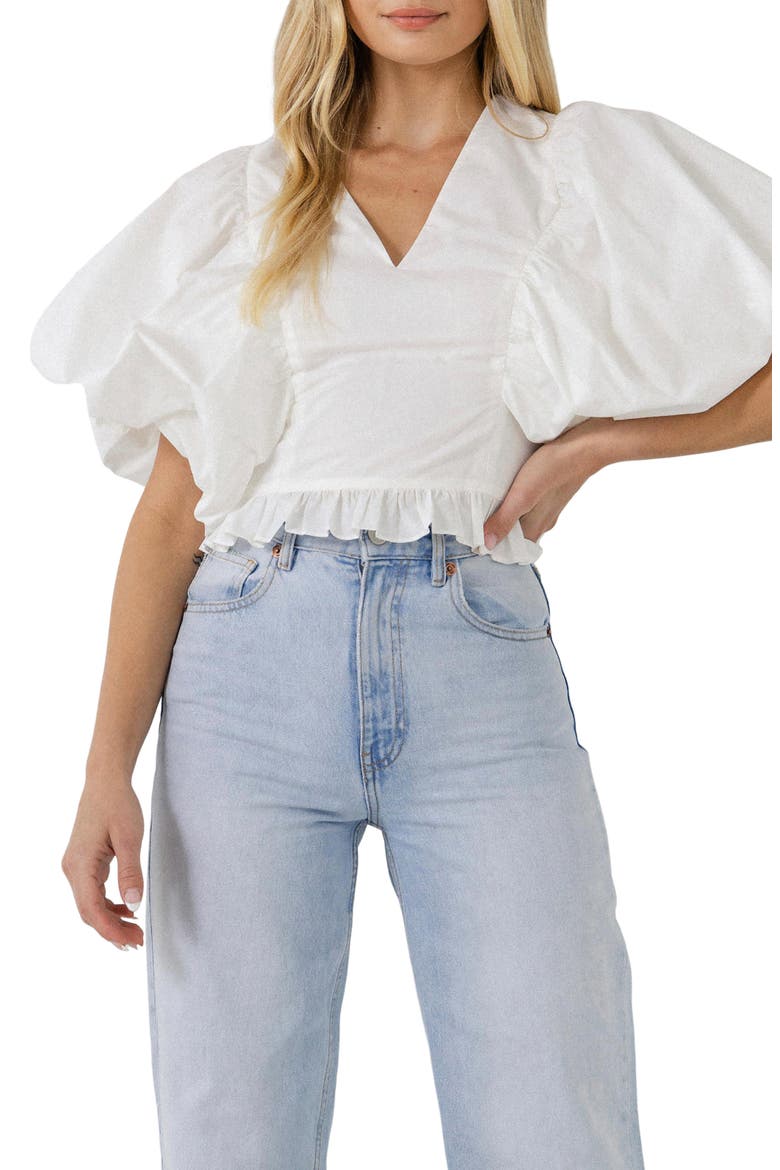 Puff Sleeve Cotton Crop Top, Main, color, WHITE