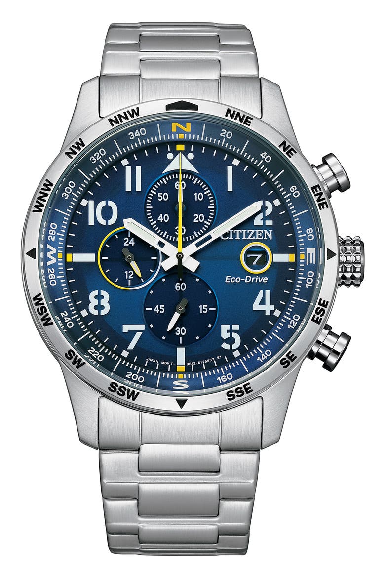 Eco Drive Chronograph Stainless Steel Bracelet Watch, 43mm, Main, color, SILVER