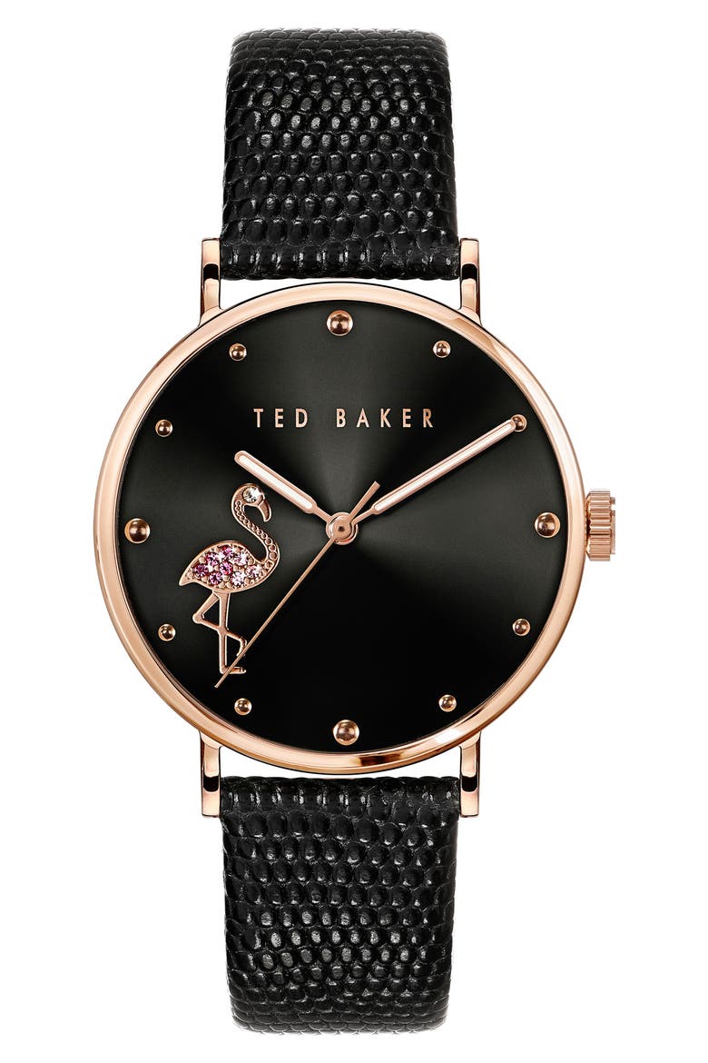 Ted Bake London Phylipa Crystal Flamingo Leather Strap Watch, 37mm, Main, color, BLACK