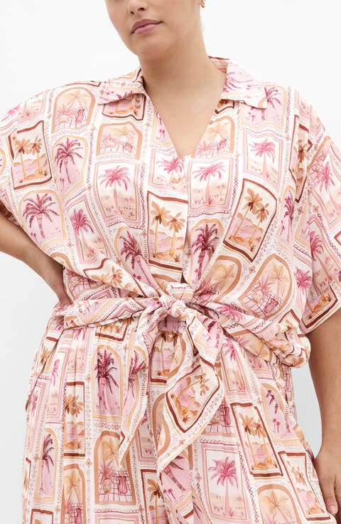 Postcard Print Tie Front Top (Plus)