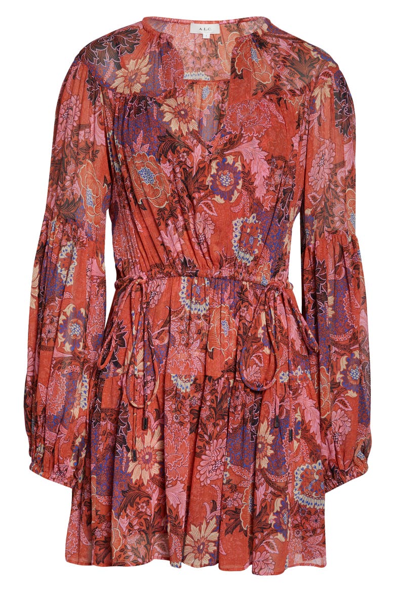 Elise Long Sleeve Silk Minidress, Alternate, color, PINK/ RUSSET MULTI