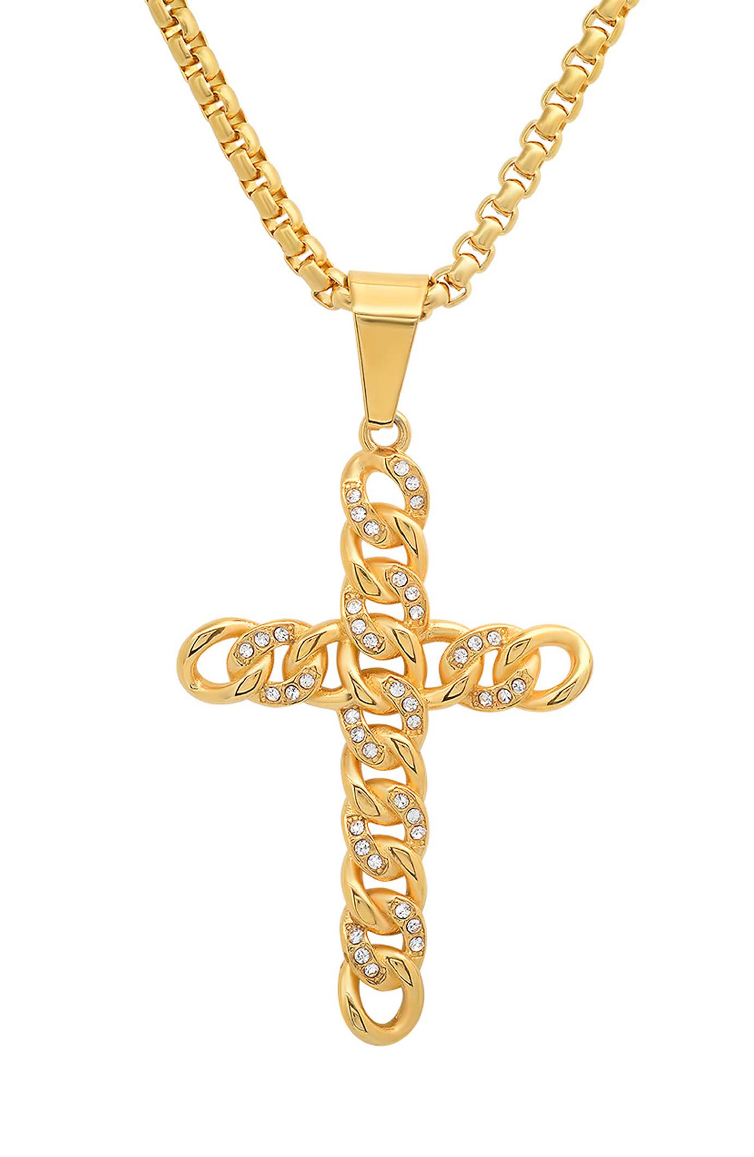 Men's 18k Gold Plated Cubic Zirconia Cross Pendant Necklace