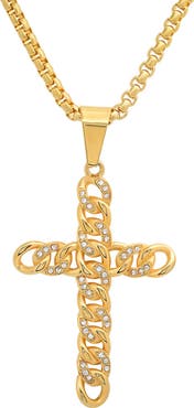 STEELTIME Men's 18k Gold Plated Cubic Zirconia Cross Pendant Necklace