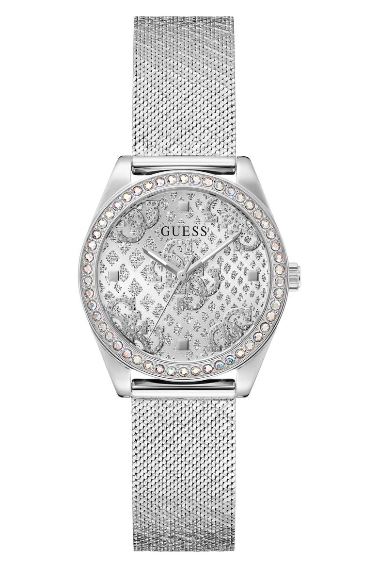 Boa Crystal Bezel Silvertone Mesh Strap Watch, 32mm, Main, color, SILVER